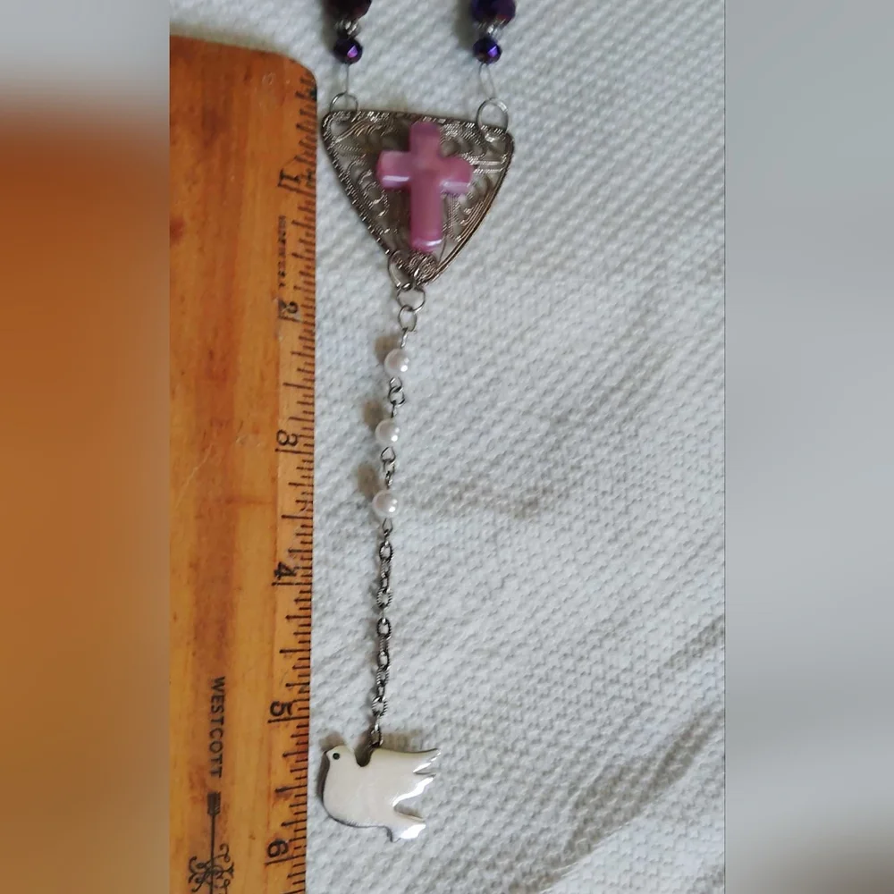 Pink and White Rosary Bookmark with Silver Tone Dove Charm Handmade